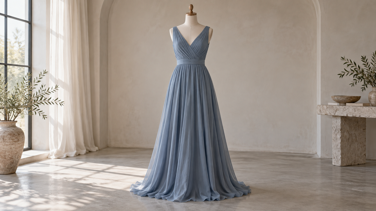 Dusty blue dress with flowing fabric in a neutral studio