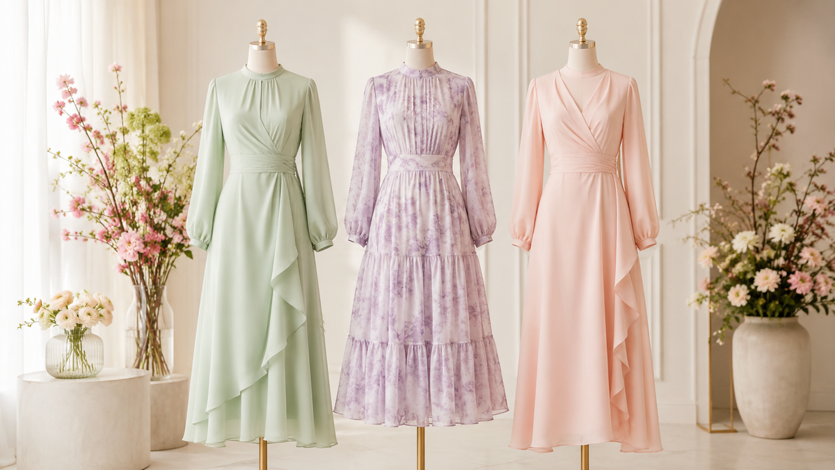 Pastel spring occasion dresses displayed on mannequins