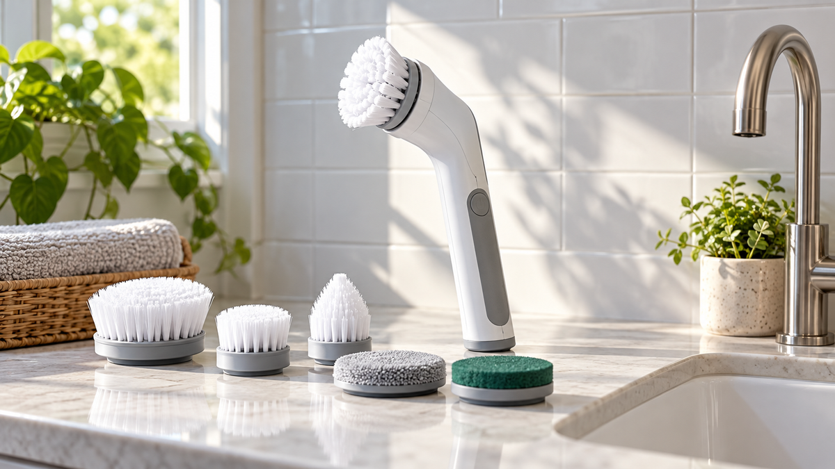 White cordless electric cleaning brush with several heads arranged beside a tiled sink