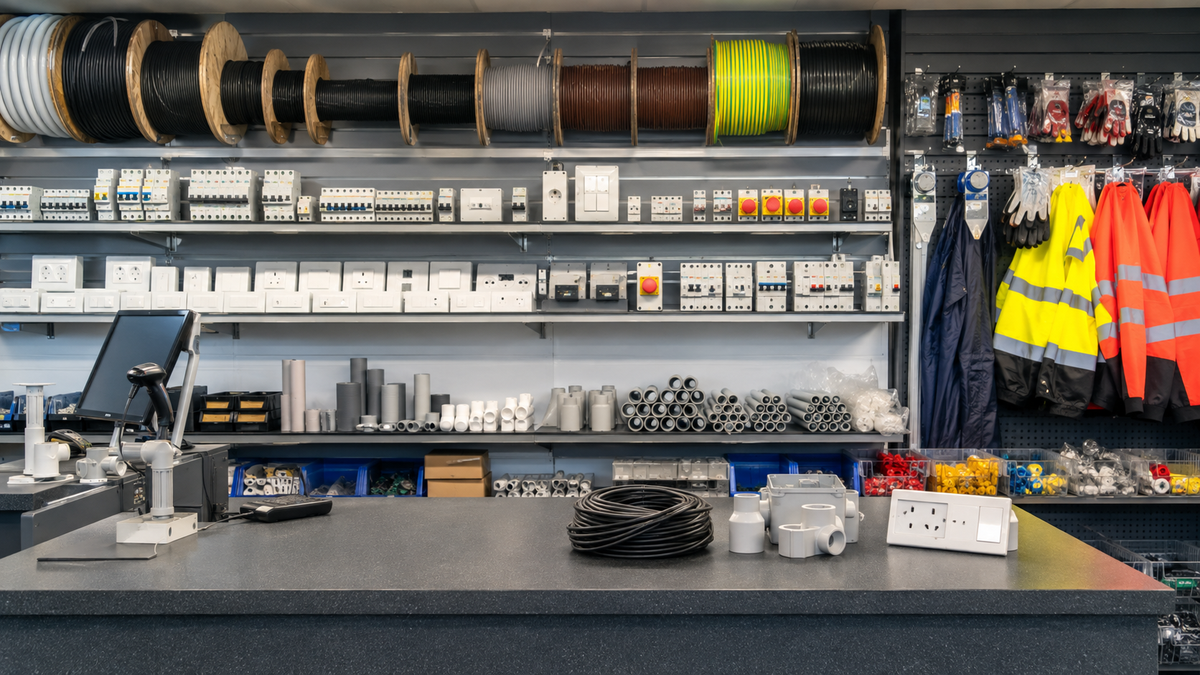 Professional electrical supply counter with conduit fittings cable and safety equipment