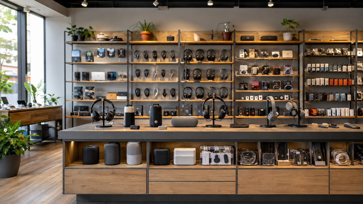 Organized independent electronics store with generic audio devices and accessories