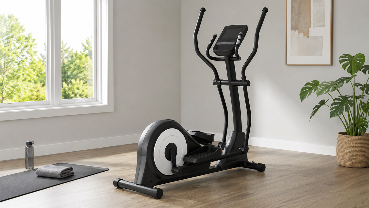 Modern elliptical trainer in a bright uncluttered home workout room