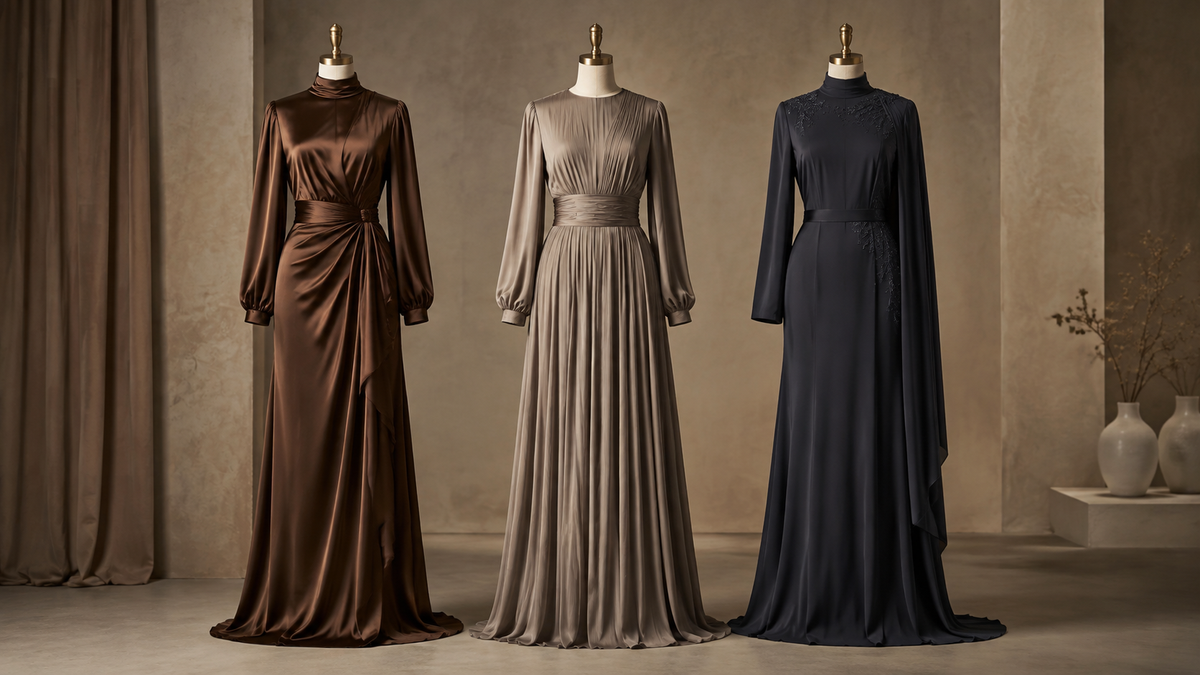 Elegant evening dresses displayed in varied silhouettes