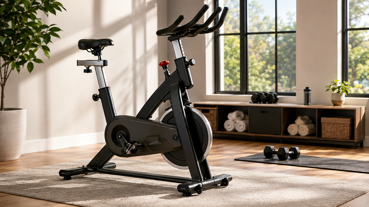 Generic adjustable stationary exercise bike in a bright home fitness room
