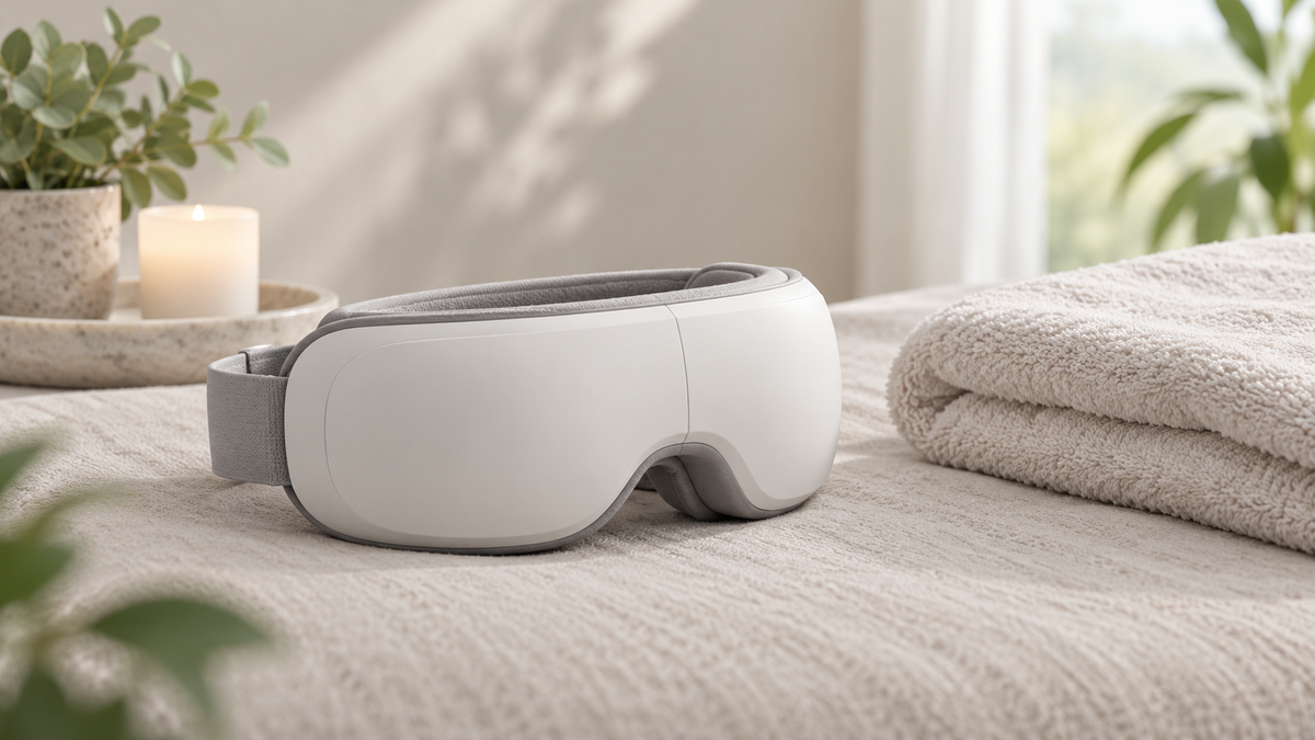 Unbranded eye massager on a soft neutral surface