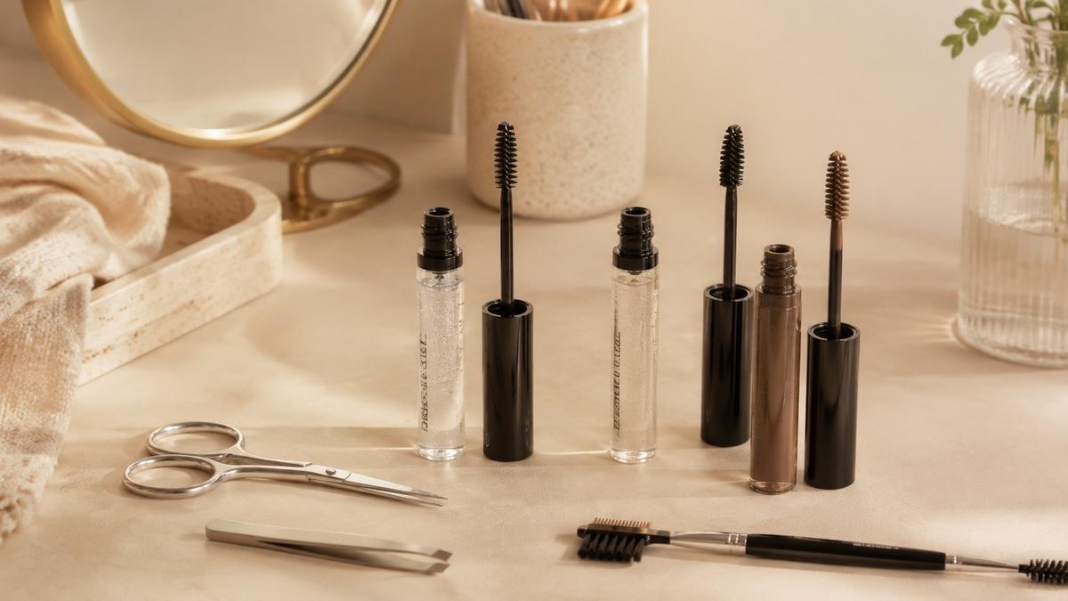 Unbranded eyebrow gel tubes and spoolie brushes on a clean vanity