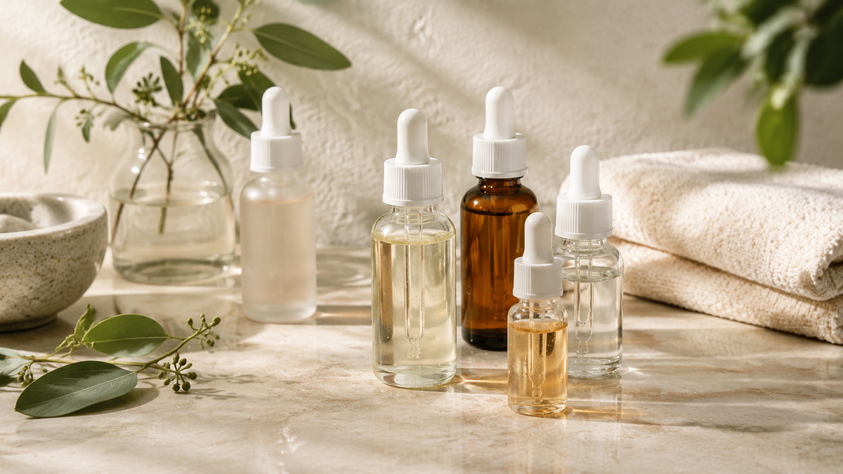 Unbranded face serum dropper bottles arranged on a bright stone vanity