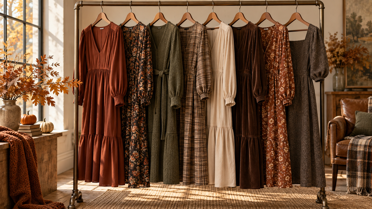 Fall dresses in autumn fabrics and warm seasonal colors