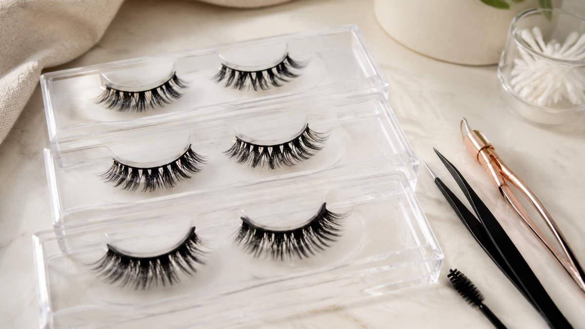 Different false eyelash styles in clean transparent trays