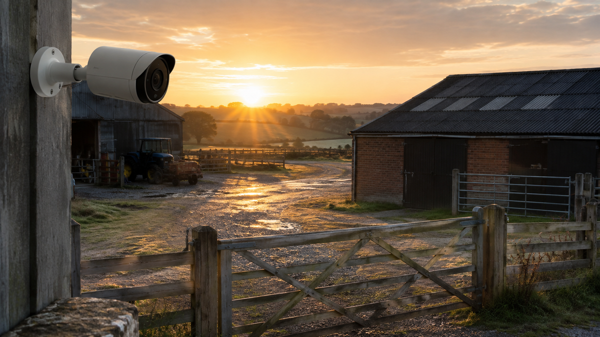 Unbranded weatherproof security camera overlooking a farm gate and barn