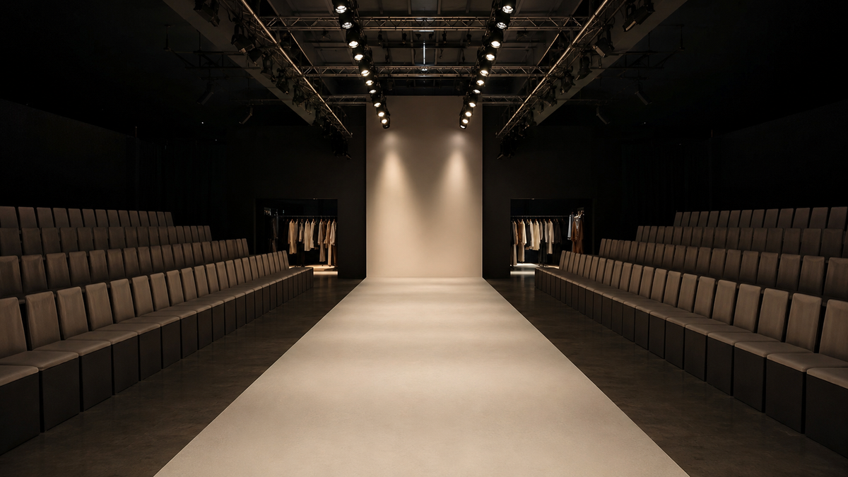 Empty professional fashion runway with neutral seating and soft spotlights