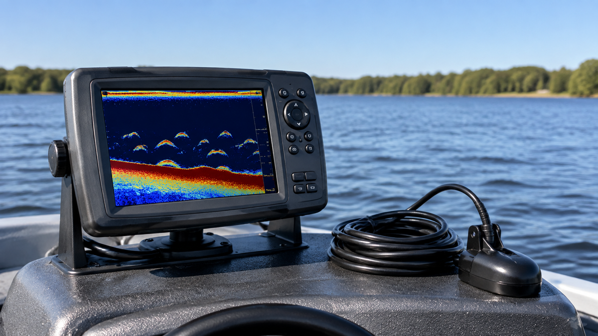 Unbranded fish finder display, transducer, and cable on a boat console