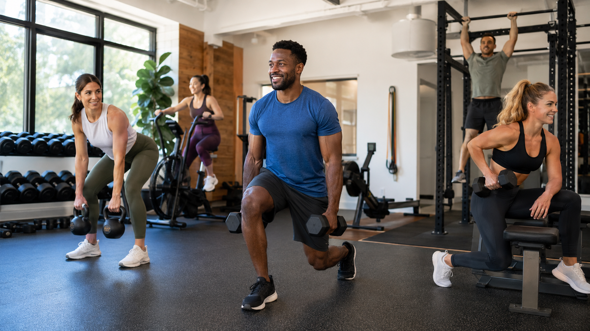 Adults exercising in a bright welcoming neighborhood fitness studio