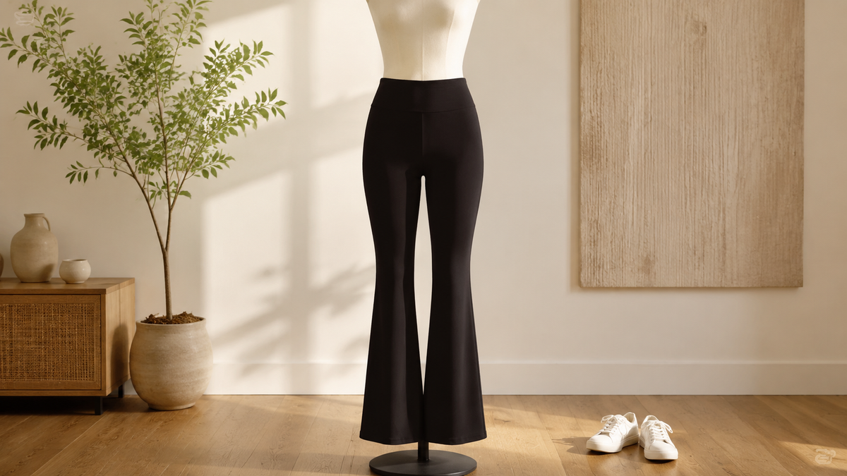 Black flare leggings displayed full length in a minimalist studio