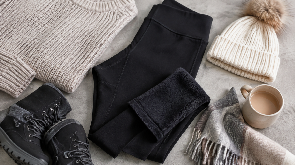 Black fleece-lined leggings arranged with neutral winter clothing and accessories