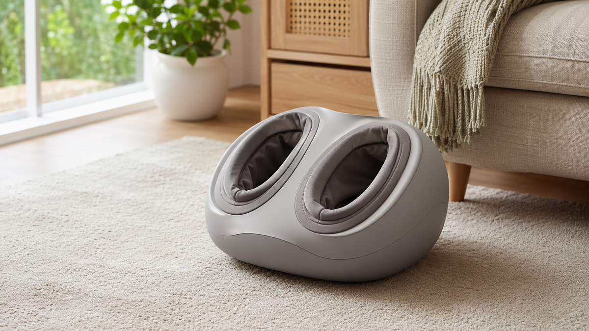 Generic electric foot massager in a calm home relaxation corner