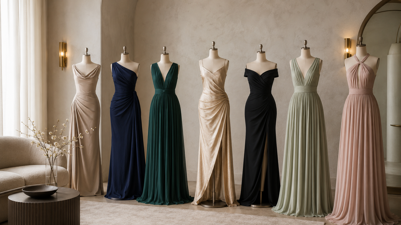 Elegant formal dresses in varied silhouettes displayed in a refined neutral dressing room