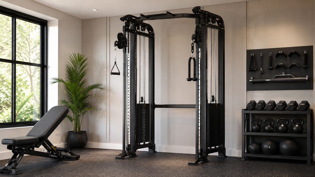 Dual-cable functional trainer and organized attachments in a home gym