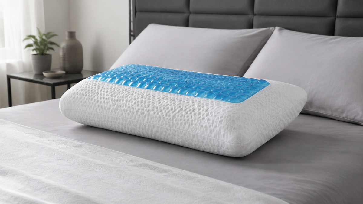 Unbranded gel pillow on a neatly made bed in a cool neutral bedroom