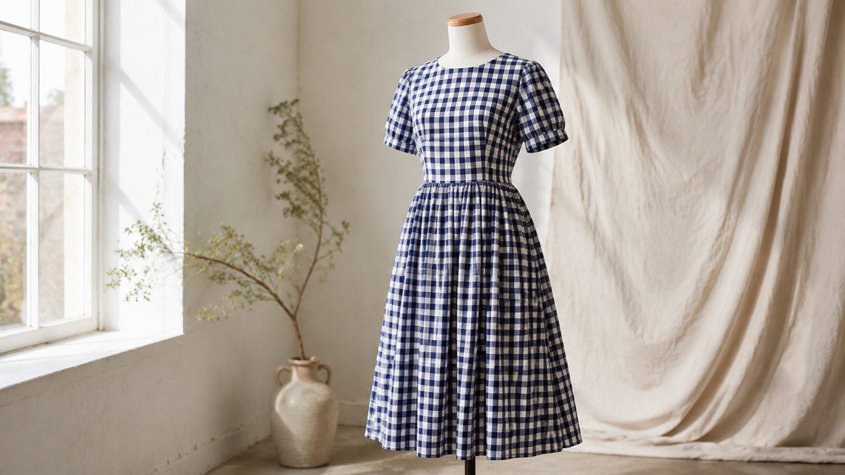 Gingham dress showing check scale and cotton texture