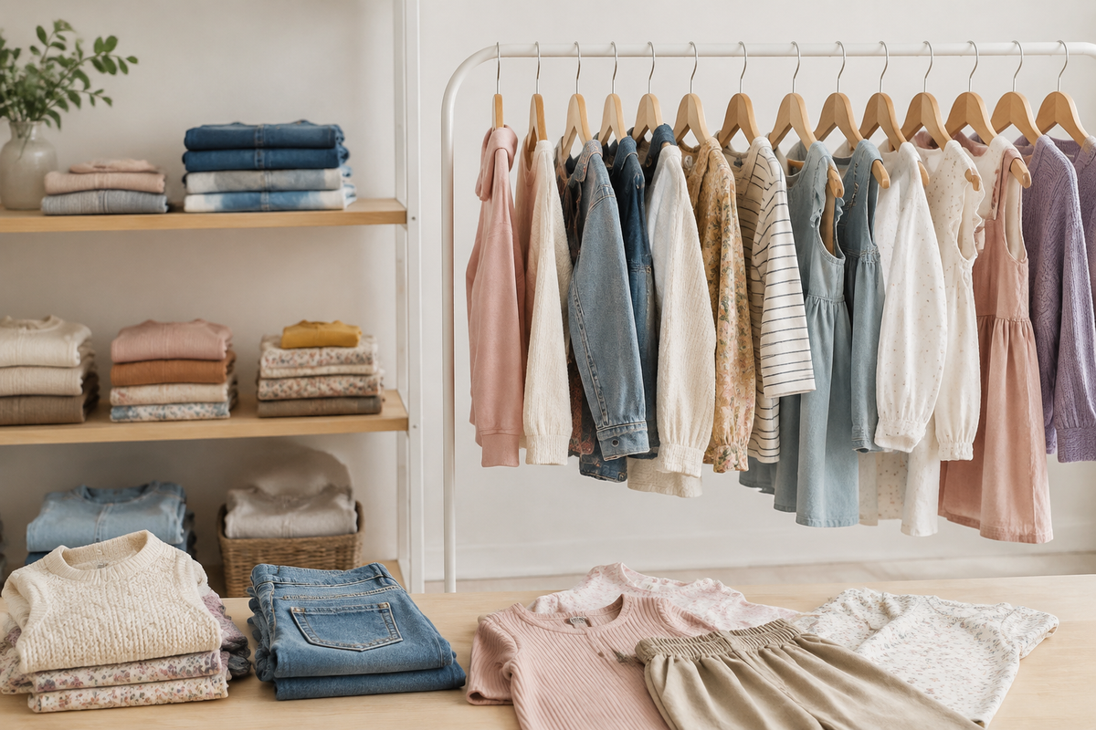 Girls clothes in practical coordinated styles arranged in a bright wardrobe