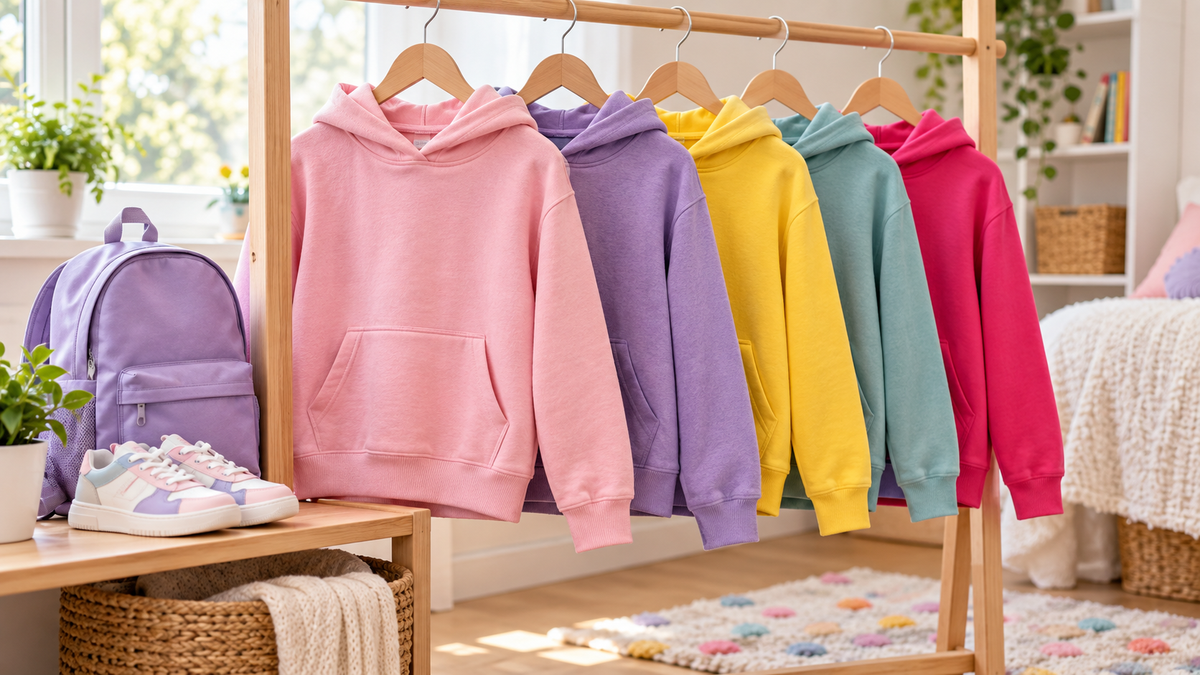 Colorful unbranded girls’ hoodies displayed with a backpack and sneakers