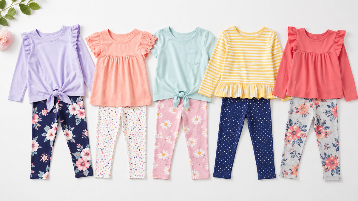 Colorful girls leggings arranged with age-appropriate tops