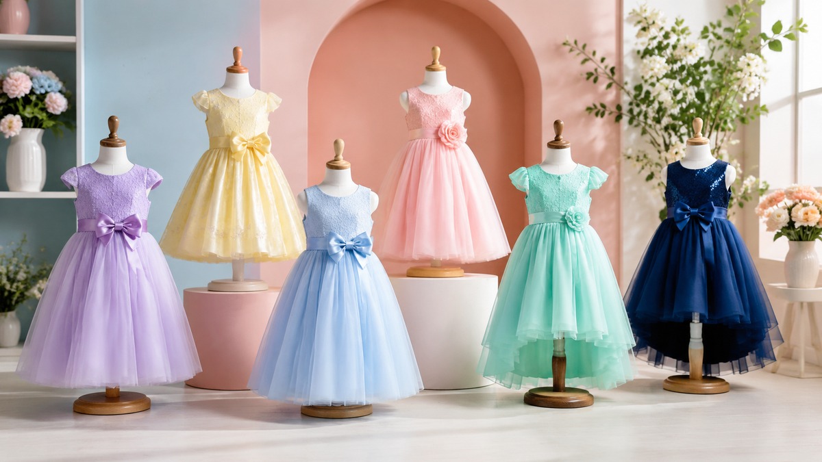 Age-appropriate girls party dresses on child-size mannequins