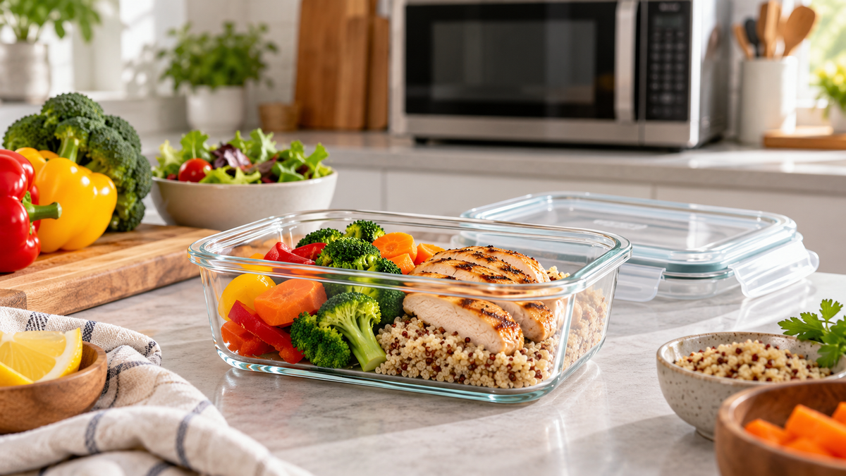 Clear glass lunch box with a colorful meal on a kitchen counter near a microwave