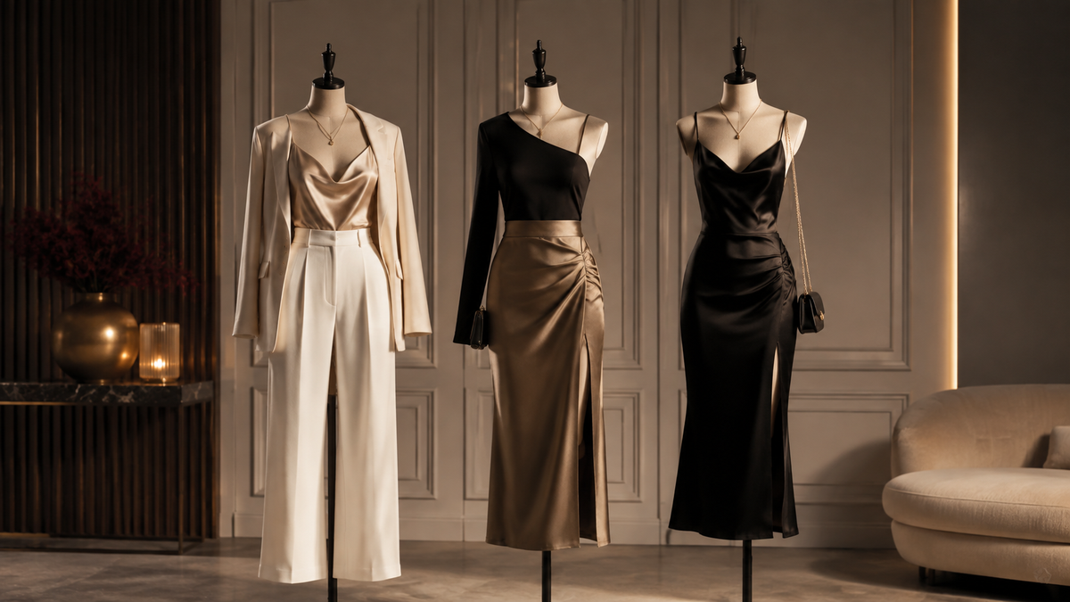 Three coordinated going-out outfits displayed on mannequins