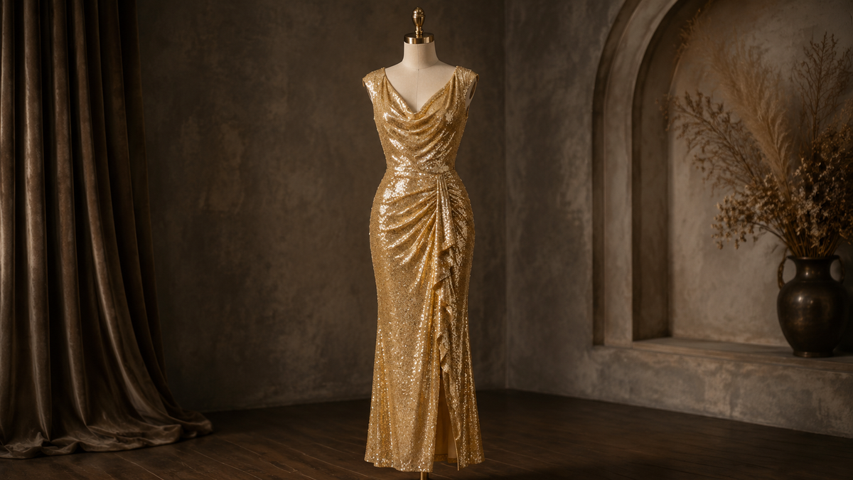 Fully lined gold sequin evening dress displayed on a mannequin