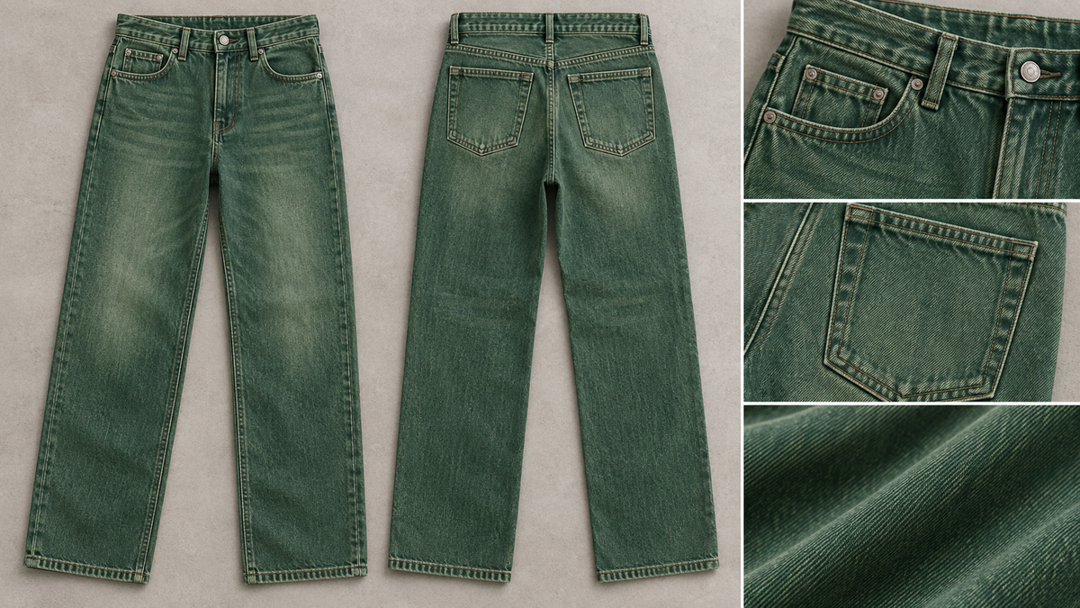 Green denim jeans showing wash stitching and pocket construction