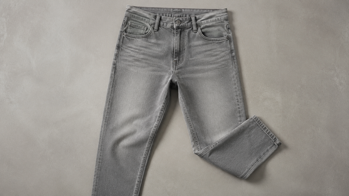 Grey denim jeans showing wash, waistband, and leg shape
