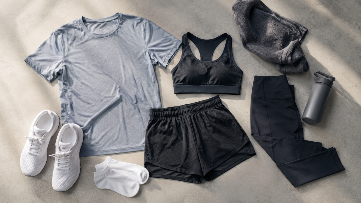 Coordinated gym clothes, trainers, towel and bottle arranged on a neutral floor