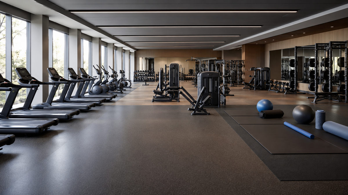 Clean modern gym with cardio strength free-weight and stretching areas