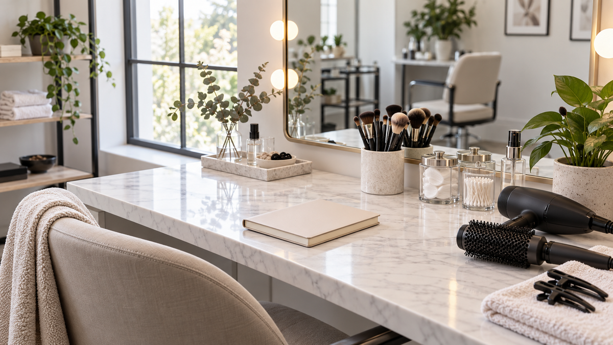 Hair styling tools and makeup brushes at a bright studio station