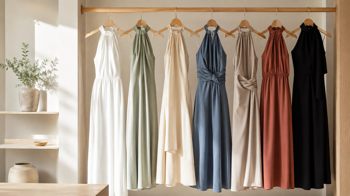 Halter neck dresses on hangers showing different fabrics and drape