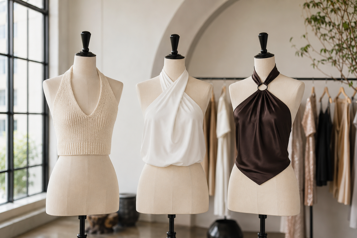 Tasteful knit woven and evening halter tops displayed on garment forms