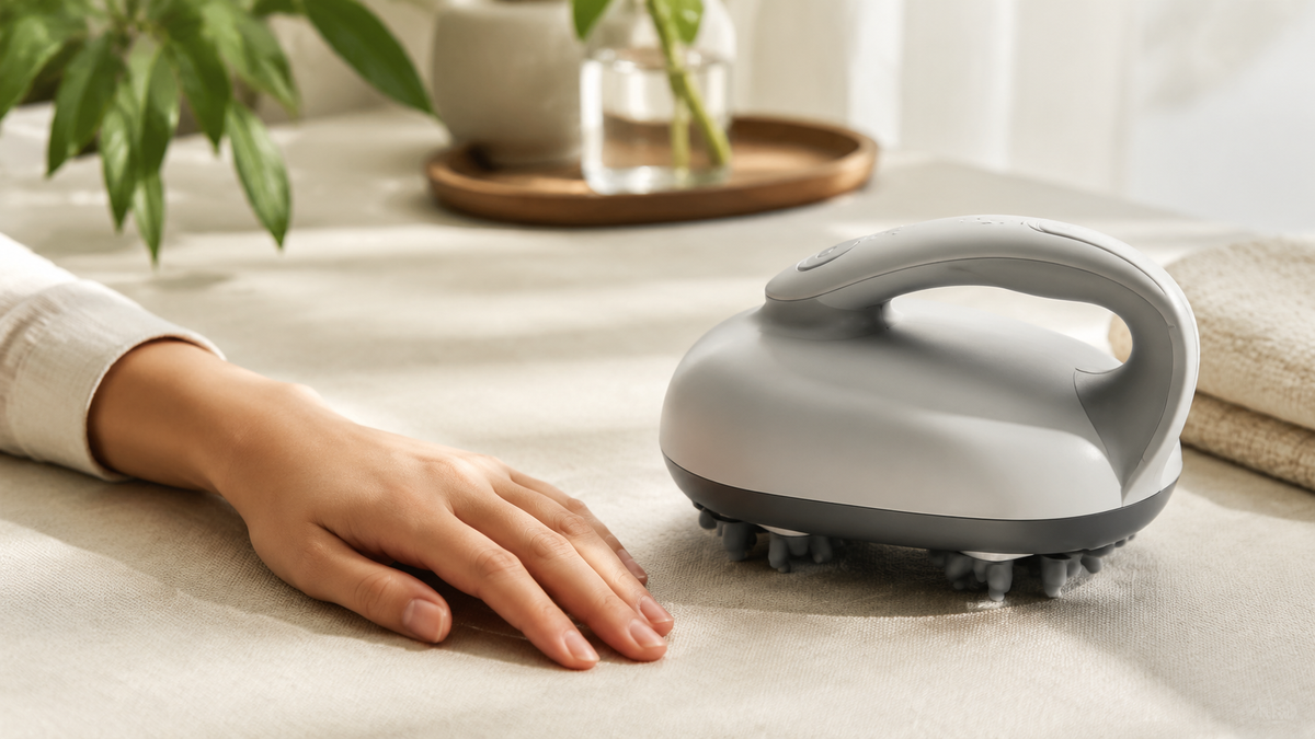 Unbranded handheld hand massager on a clean neutral table