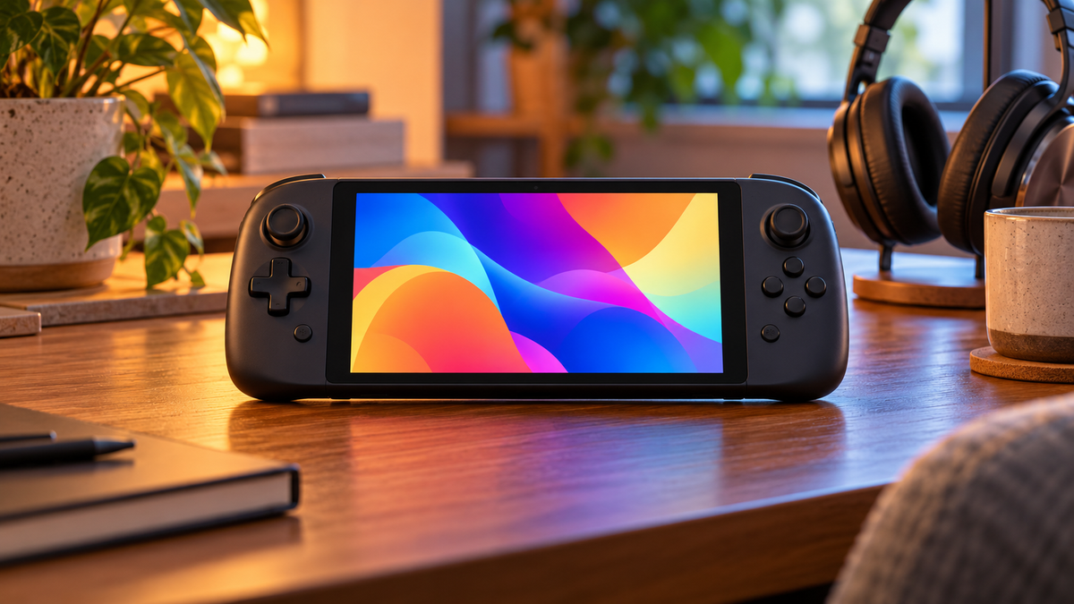 Unbranded handheld gaming console with a colorful abstract screen on a cozy desk