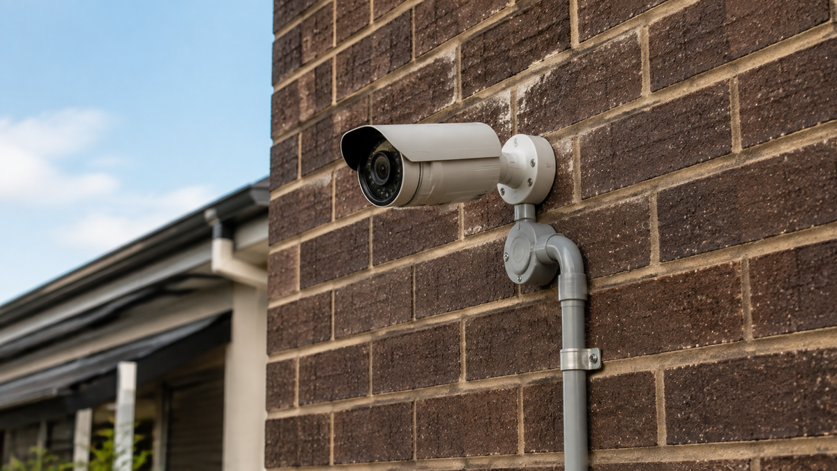 Unbranded hard-wired security camera mounted with protective conduit