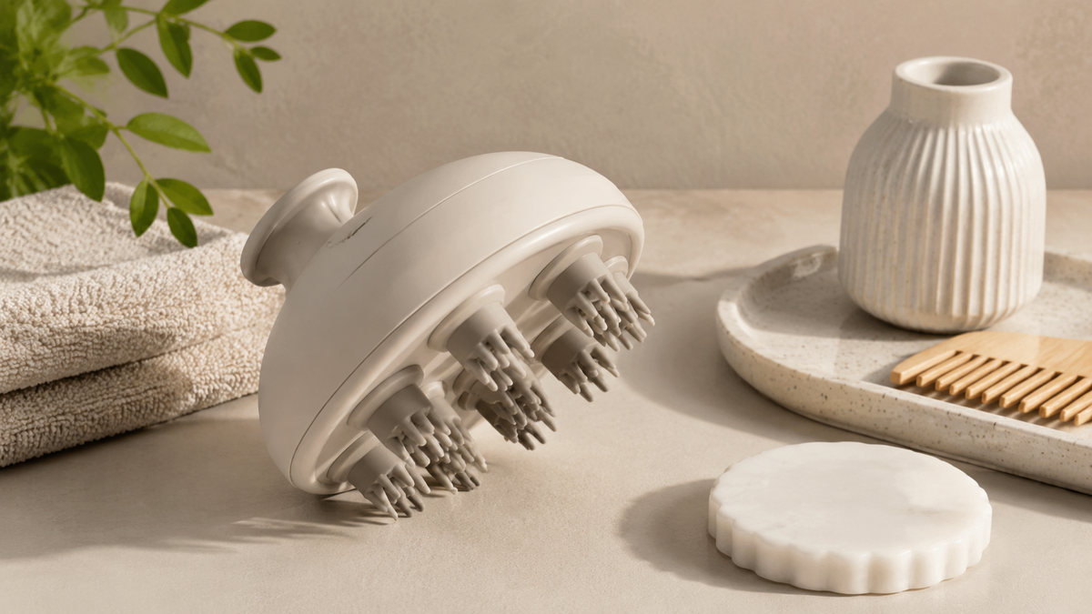 Generic handheld scalp and head massager on a wellness table