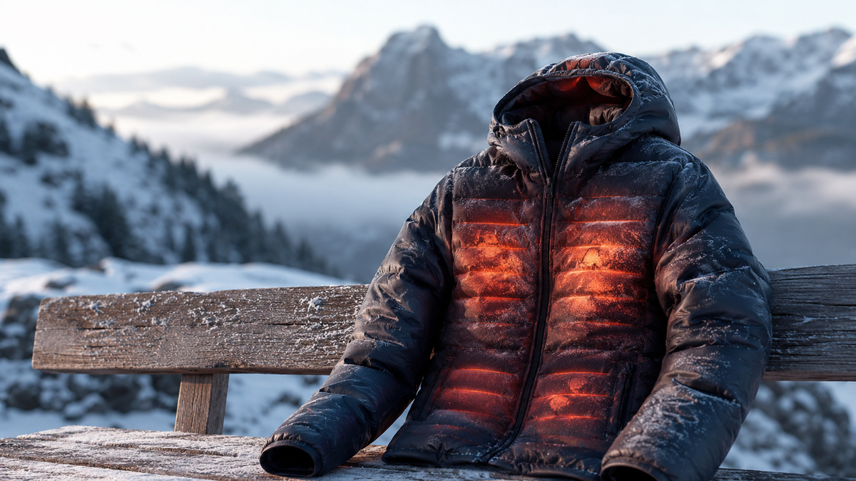 Insulated heated jacket on a bench in a snowy mountain setting