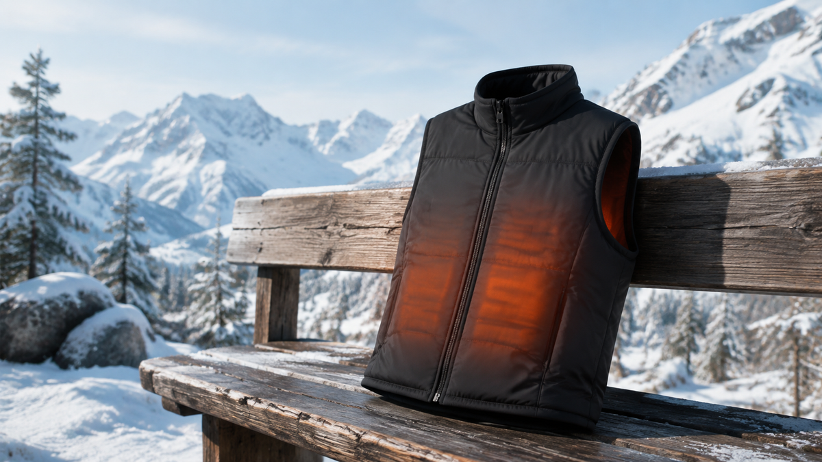 Insulated heated vest displayed in a snowy mountain setting