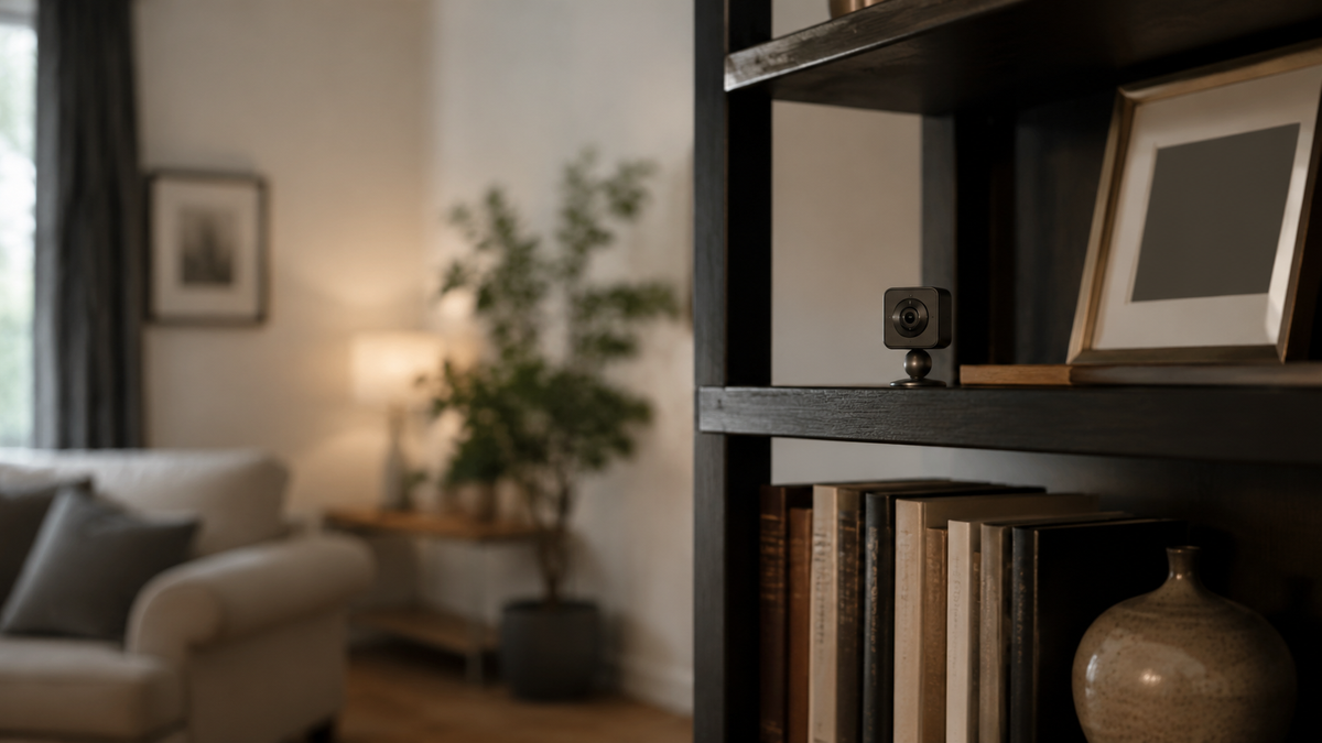 Small unbranded security camera placed visibly on a living room bookshelf