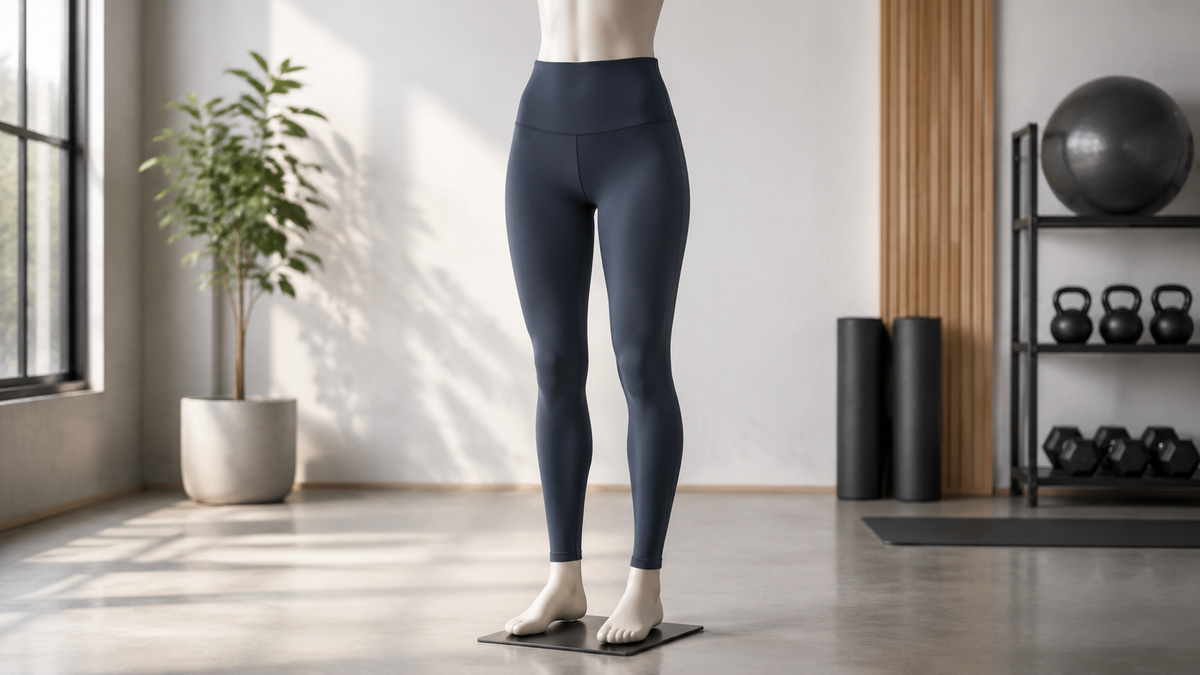 High-waisted leggings showing a broad waistband and opaque fabric