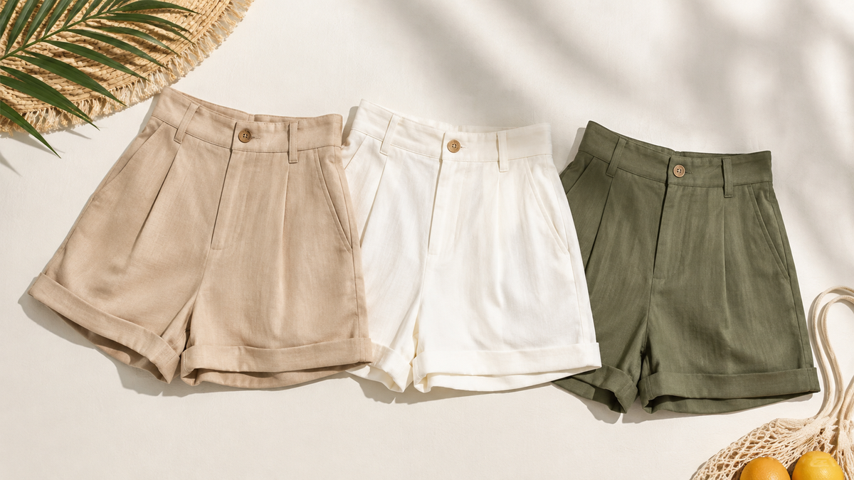 High-waisted shorts showing rise, waistband, pockets, and hem