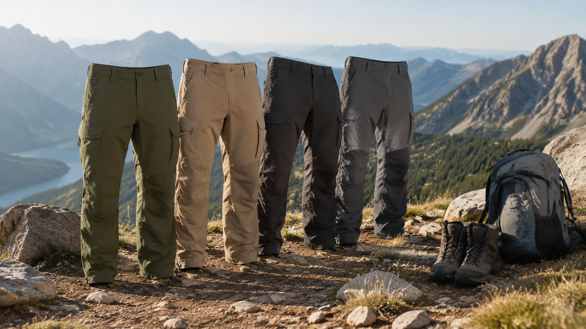 Hiking pants with practical pockets displayed on a mountain trail
