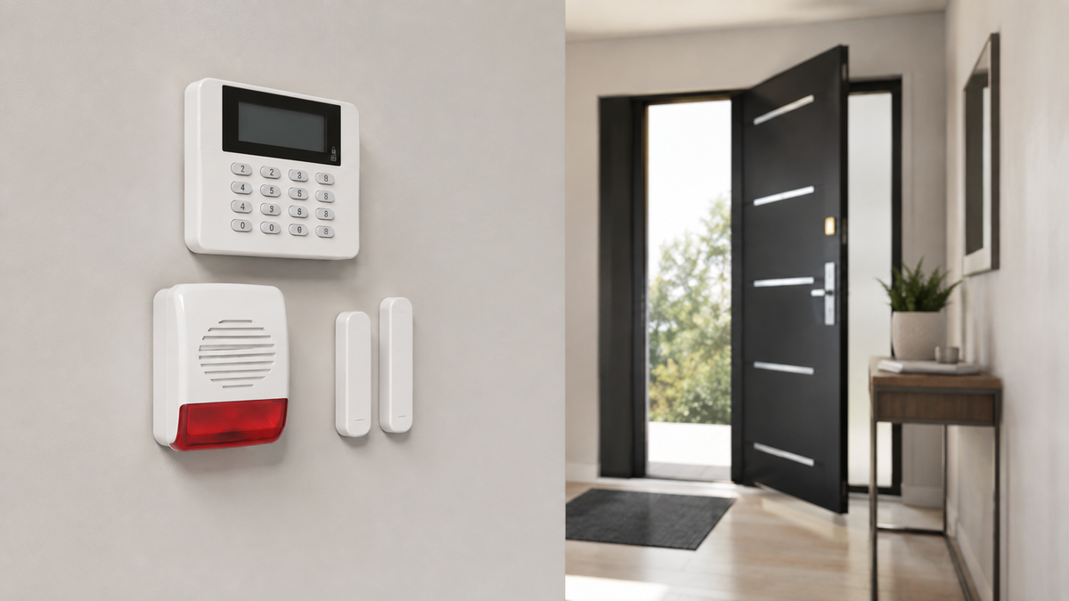 Unbranded local home alarm system with keypad siren and door sensors