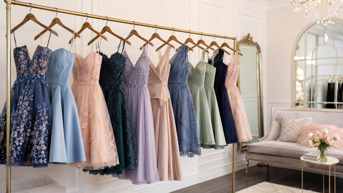 Homecoming dresses in varied silhouettes displayed in an event dressing room